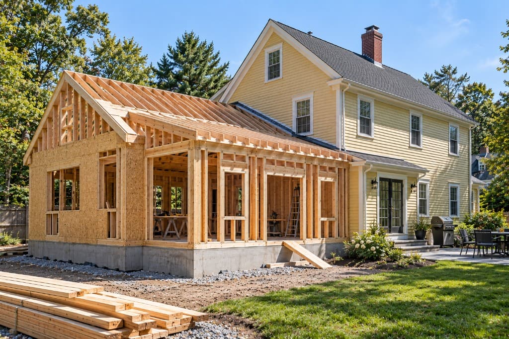 Estrutura de ampliação em construção ao lado de uma casa existente
