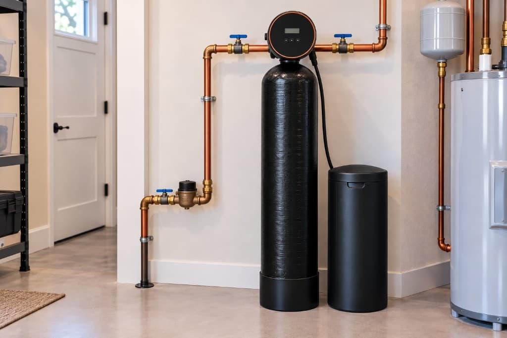 Sistema de abrandamento e filtragem para toda a casa instalado em área de utilidades